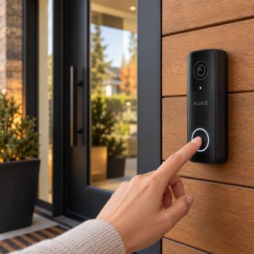 Hand pressing a smart doorbell button on a wooden wall.