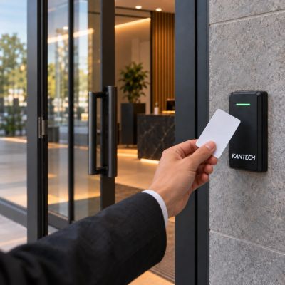 Person using access card to enter office building.