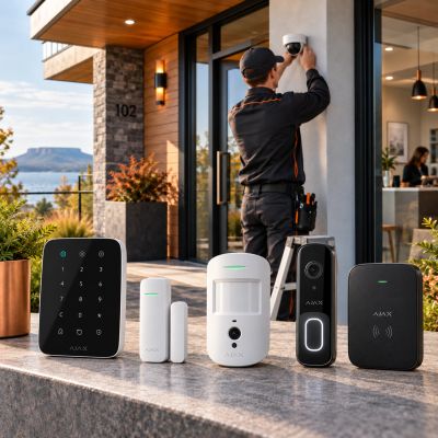 Technician installs security camera outside modern home with security system devices.