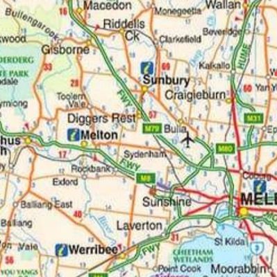Map showing Melbourne and its surrounding suburbs and highways.