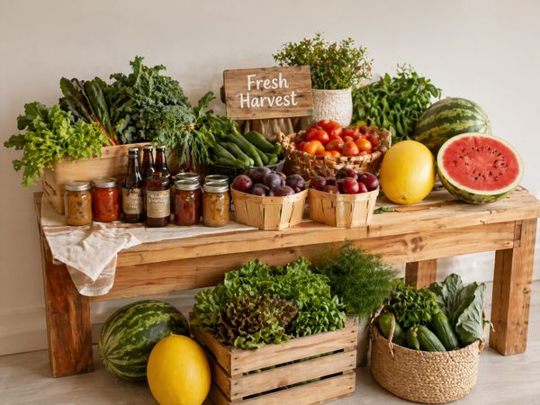 A rustic table filled with fresh vegetables, fruits, and jars labeled 'Fresh Harvest'.
