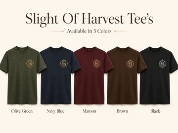 Five Slight Of Harvest Tee's in olive green, navy blue, maroon, brown, and black colors.