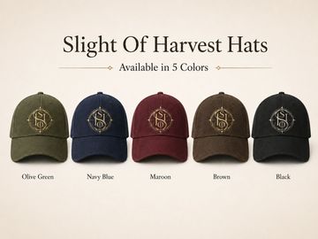 Five Slight Of Harvest hats in different colors displayed in a row.