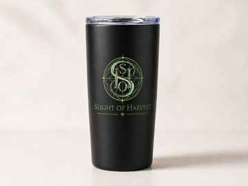 Black tumbler with green 'Sleight of Harvest' logo and design.