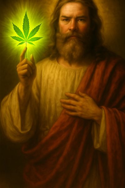A bearded man holding a glowing marijuana leaf.