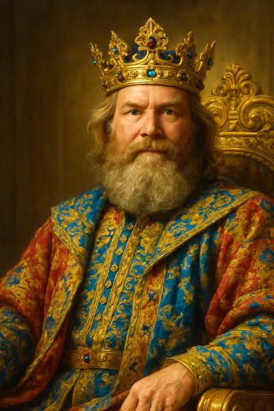 A regal king with a jeweled crown and ornate robe sits on a golden throne.