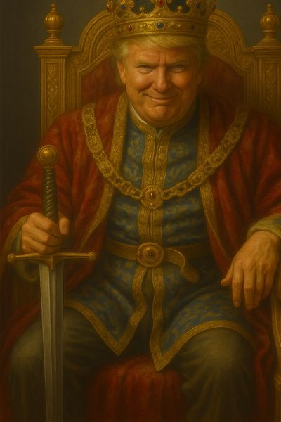 A man dressed as a king with a crown and sword, sitting on a throne.