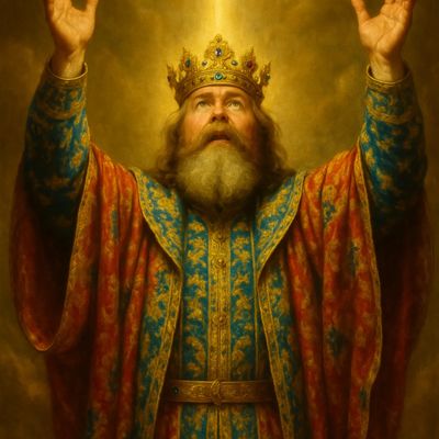 A regal king with a crown raises his hands toward a divine light above.