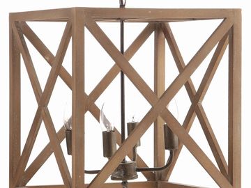 This square chandelier has a wood frame with x-shaped crossbars on each side. It is simple and yet e