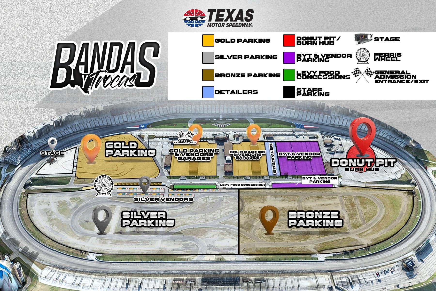 Map of Texas Motor Speedway showing parking and event zones for Bandas y Trocas.