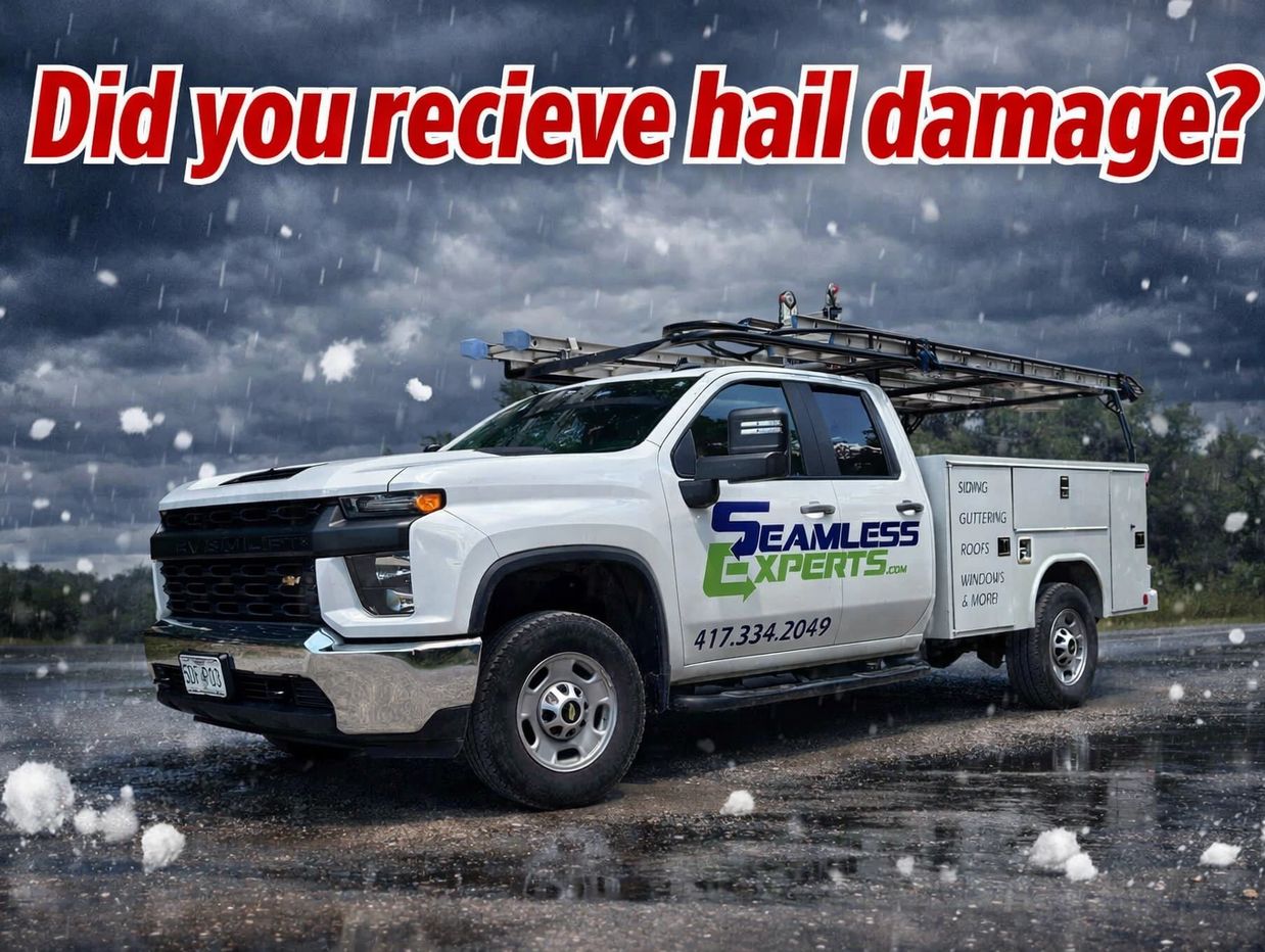 White Seamless Experts truck in hailstorm with bold red text: "Did you recieve hail damage?"