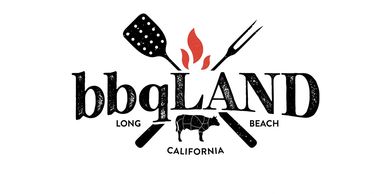 Logo for BBQ Land in Long Beach, California with grilling tools and flame.