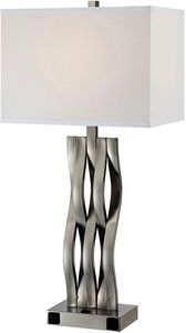 Brushed nickel nightstand lamp with outlets and a base switch