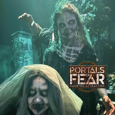 2 female ghostly apparitions with the portals of fear logo