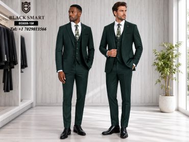 Two men in matching dark green suits and floral ties.