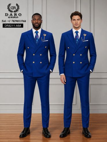 Two men in matching blue double-breasted suits with gold buttons.