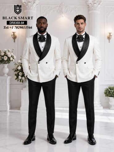 Two men in white tuxedos with black lapels.