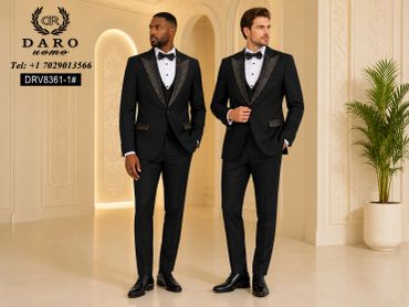 Two men in elegant black tuxedos with bow ties.