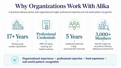 Why organizations work with Alika: 17+ years experience, professional credentials, 5 years leadership, 3,000+ members.