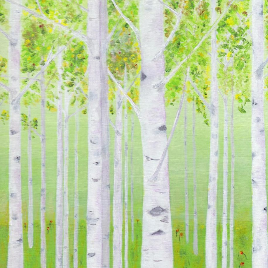 Welcome Spring!© Acrylic Painting by Darlene G. Birch Trees, leaves budding to welcome in spring