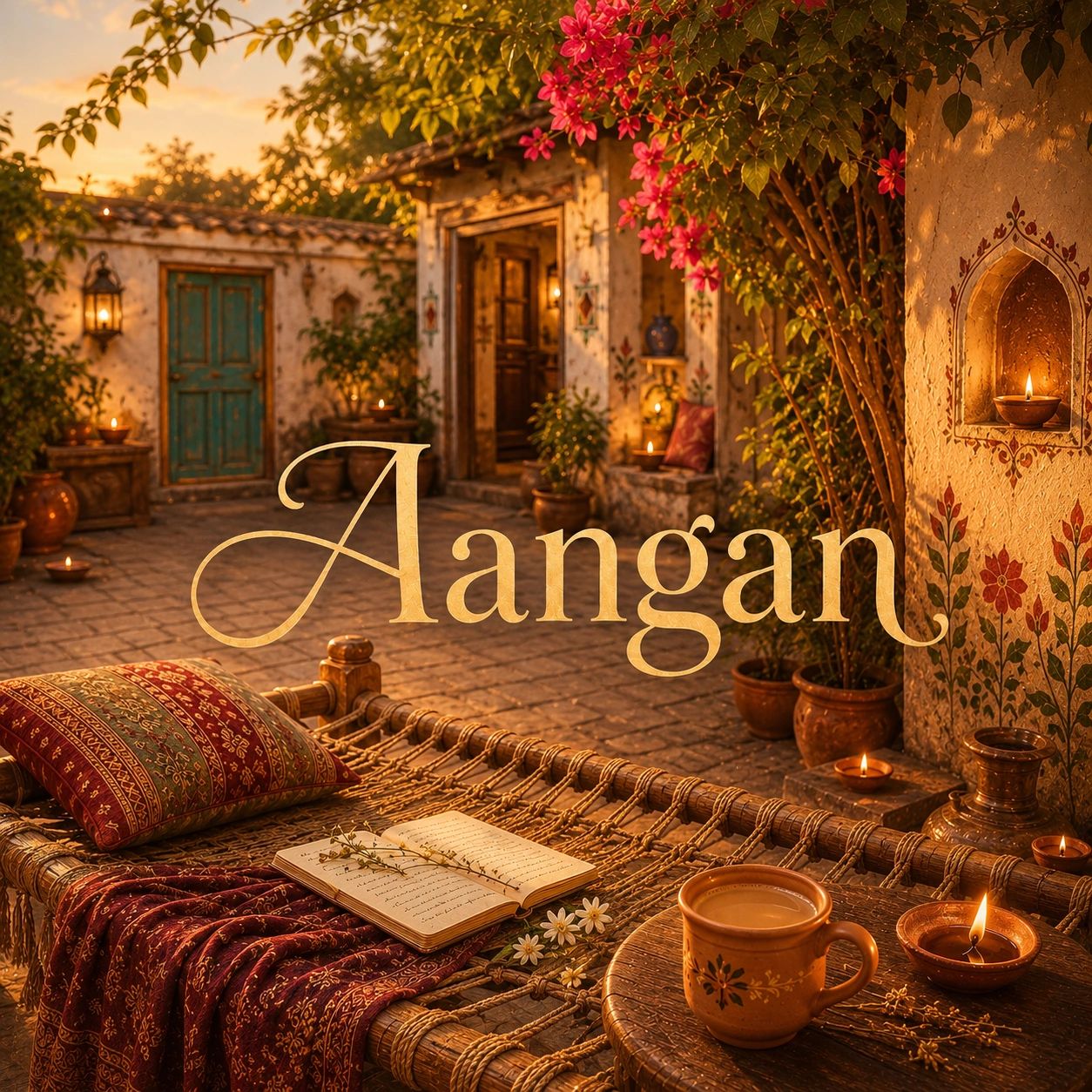Cozy courtyard setting with warm lighting, traditional decor, and a cup of tea.