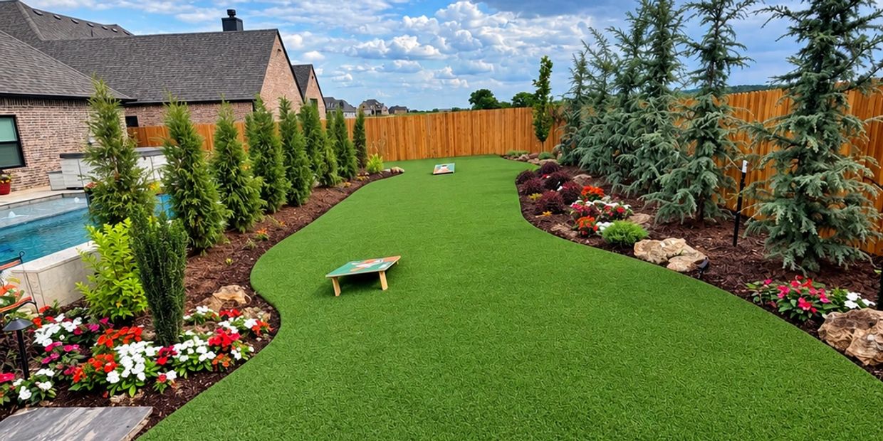 Backyard lawn with artificial grass and cornhole game boards.