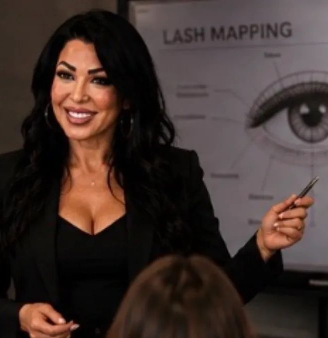 Woman teaching lash mapping with a pointer.