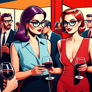 Two stylish women with glasses enjoying wine at a social event.