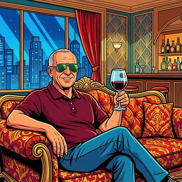 A stylish man in sunglasses enjoys wine in a luxurious room.