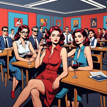 Stylish women and men in a retro bar with red walls and framed portraits.