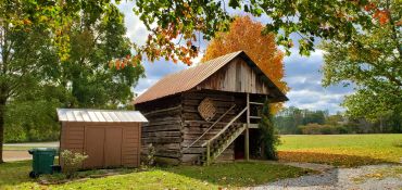Rustic log cabin and shed in autumn landscape.