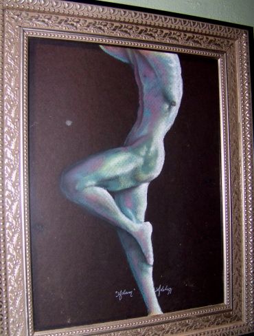 Framed painting of a muscular torso and legs on black background.