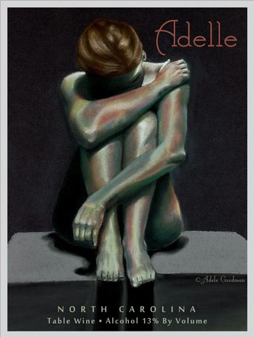 Artistic bottle label showing a sitting woman with arms crossed over knees.