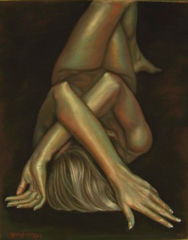 Artistic nude figure in a contorted pose against dark background.