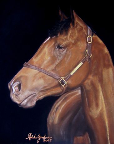 Painting of a horse profile with a harness.