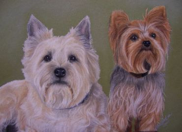 A painting of two dogs, one white and one brown.