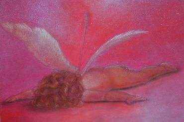 Artistic painting of a figure with wings and an arrow.
