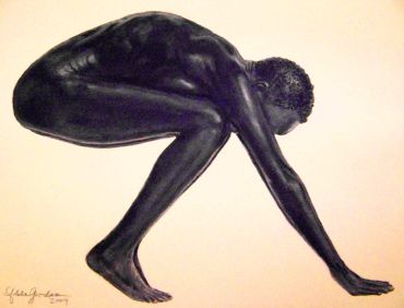 Artistic charcoal drawing of a male figure crouching.