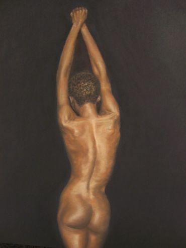 Nude figure with raised arms against a dark background.