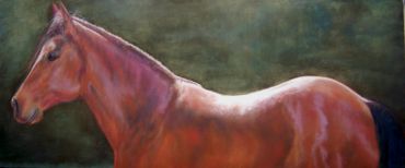 A realistic painting of a brown horse against a dark background.