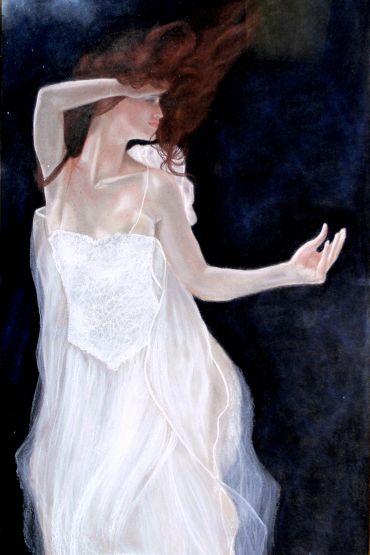 Woman in flowing white dress dancing gracefully.