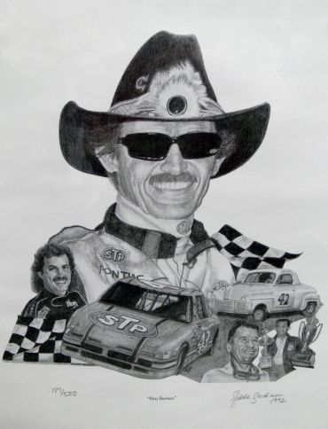 Black and white drawing of a race car driver and racing scenes.
