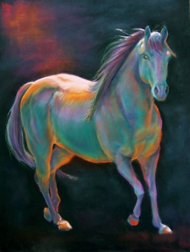 Colorful painting of a horse on a dark background.