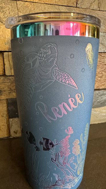 These are blue powder coated 20oz tumblers, with an iridescent underlay. 