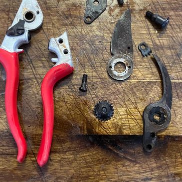 Disassembled pruning shears with red handles on a wooden surface.