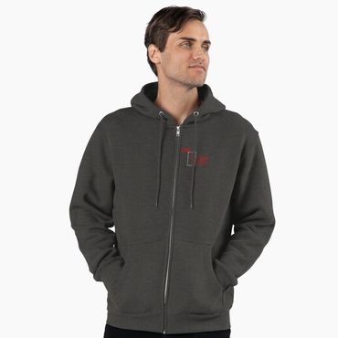 Man wearing a dark gray zip-up hoodie.
