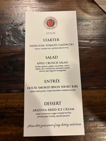 Elegant dinner menu with starter, salad, entree, and dessert.
