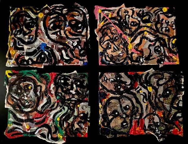 Doodle Paintings X4, 2019 on cardboard, acrylic paint, oil crayons, collaged background
