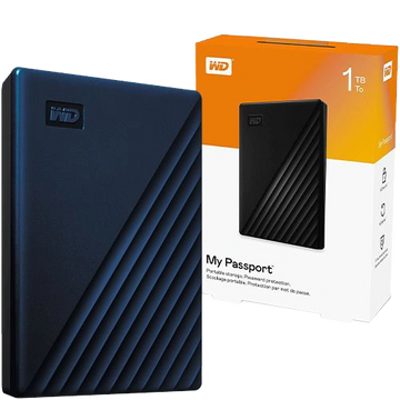 WD My Passport 1TB portable external hard drive with packaging.
