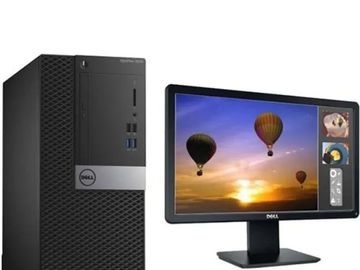 Dell desktop computer with monitor displaying hot air balloons at sunset.
